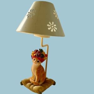 Orange Tabby Cat with Fruit (Carmen Mirandaish) Hat Votive Candle Holder w Shade